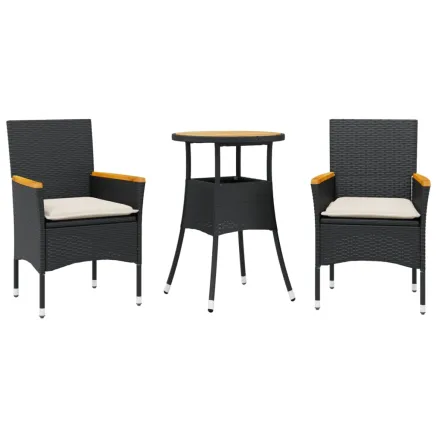 Ensemble à manger de jardin et coussins 3 pcs noir rotin acacia 2