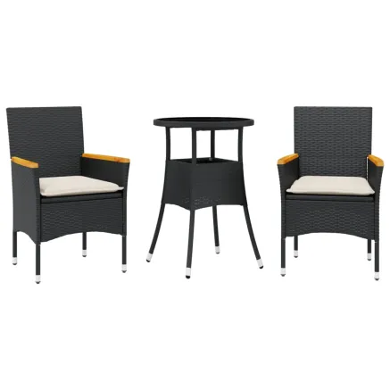 Ensemble à manger de jardin et coussins 3 pcs noir rotin verre 2