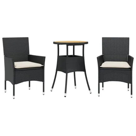 Ensemble à manger de jardin et coussins 3 pcs noir rotin acacia 2