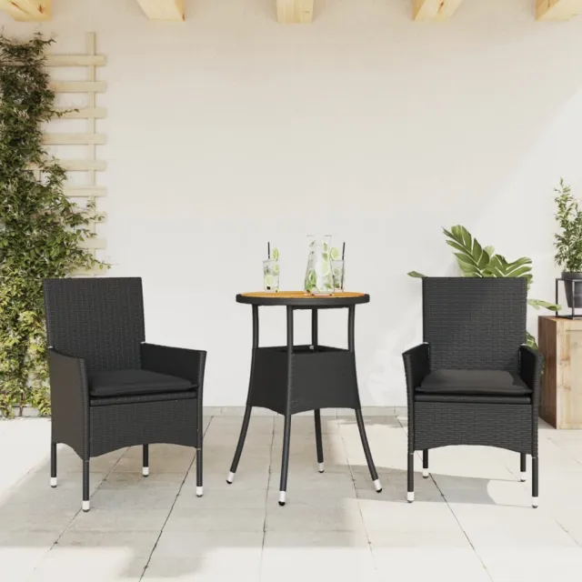 Ensemble à manger de jardin et coussins 3 pcs noir rotin acacia