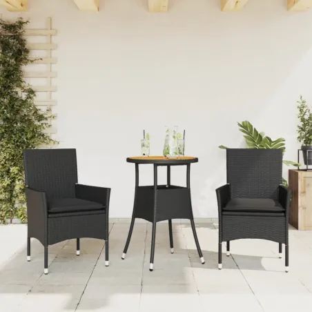 Ensemble à manger de jardin et coussins 3 pcs noir rotin acacia
