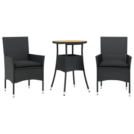 Ensemble à manger de jardin et coussins 3 pcs noir rotin acacia 2