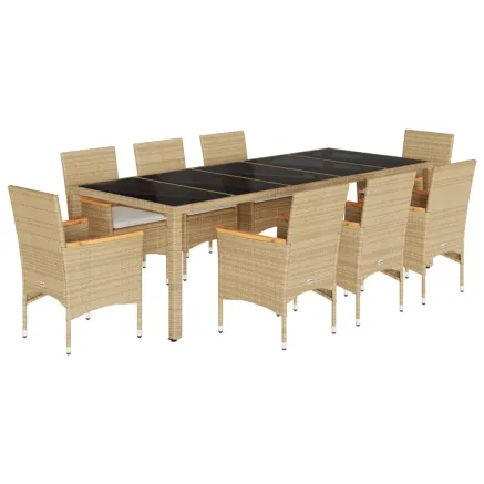 Ensemble à manger de jardin et coussins 9 pcs beige rotin verre 2