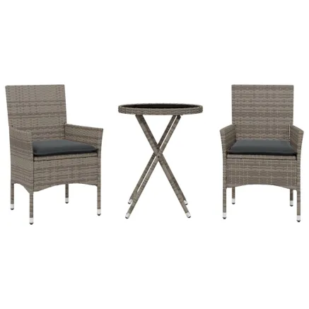 Ensemble de bistro avec coussins 3 pcs gris rotin et verre 2