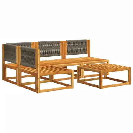 Ensemble de canapés de jardin 5 pièces avec coussins en bois d'acacia et corde