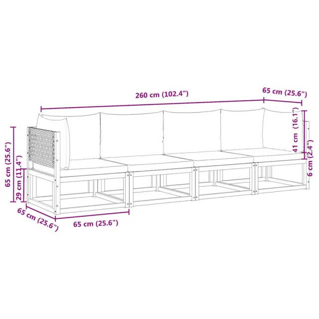 Ensemble de canapés de jardin 4 pièces avec coussins en bois d'acacia et rotin
