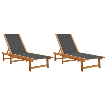 Chaises longues lot de 2 noir bois d'acacia solide et textilène 2