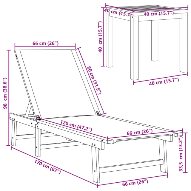 Chaises longues lot de 2 table crème bois d'acacia et textilène