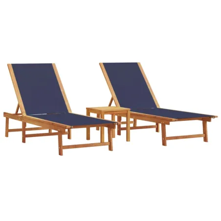 Chaises longues lot de 2 table bleu bois d'acacia et textilène