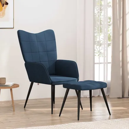 Chaise de relaxation avec tabouret Bleu Tissu
