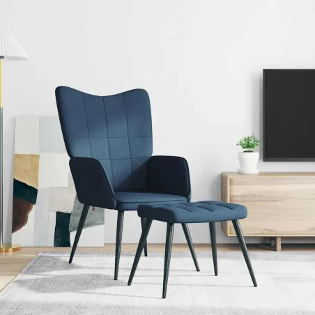 Chaise de relaxation avec tabouret Bleu Tissu