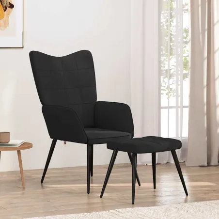 Chaise de relaxation avec tabouret Noir Tissu