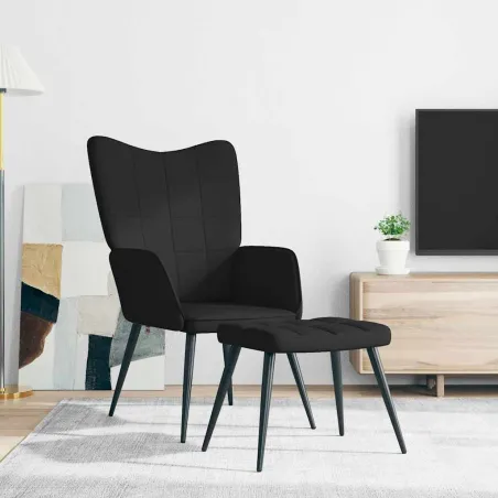 Chaise de relaxation avec tabouret Noir Tissu