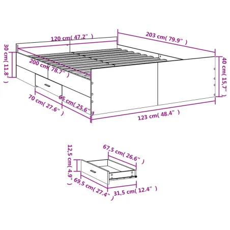Cadre de lit avec tiroirs sans matelas gris béton 120x200 cm