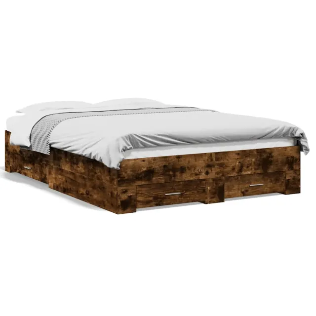 Cadre de lit avec tiroirs sans matelas chêne fumé 135x190 cm