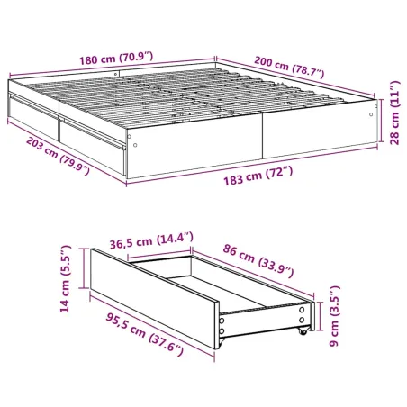 Cadre de lit avec tiroirs sans matelas gris béton 180x200 cm