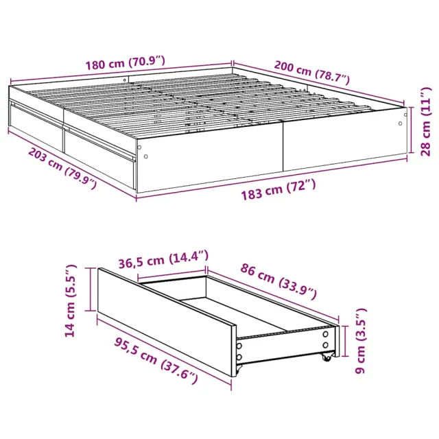 Cadre de lit avec tiroirs sans matelas sonoma gris 180x200 cm