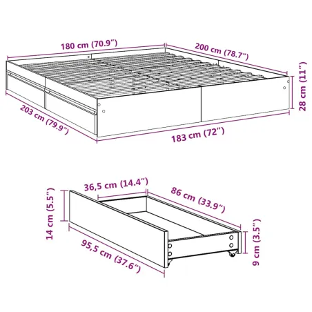 Cadre de lit avec tiroirs sans matelas sonoma gris 180x200 cm