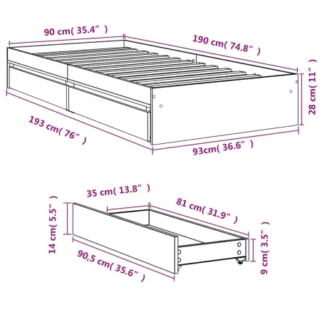Cadre de lit avec tiroirs sans matelas chêne fumé 90x190 cm
