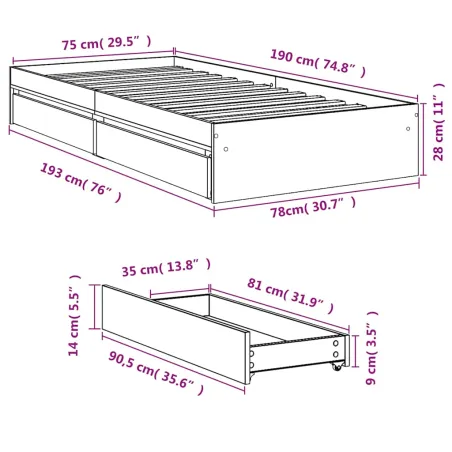 Cadre de lit avec tiroirs sans matelas noir 75x190 cm