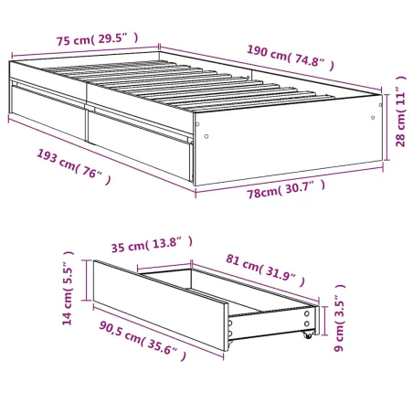 Cadre de lit avec tiroirs sans matelas chêne sonoma 75x190 cm