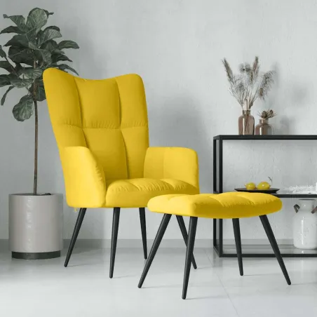 Fauteuil relax avec tabouret en velours jaune moutarde