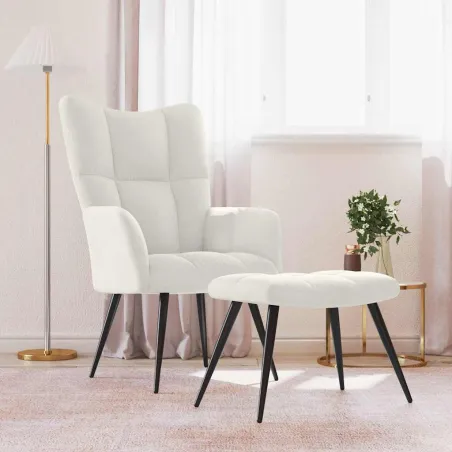 Chaise de relaxation avec tabouret Blanc crème Velours