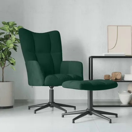 Chaise de relaxation avec tabouret Vert foncé Velours