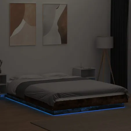 Cadre de lit et lumières LED sans matelas chêne fumé 120x190cm
