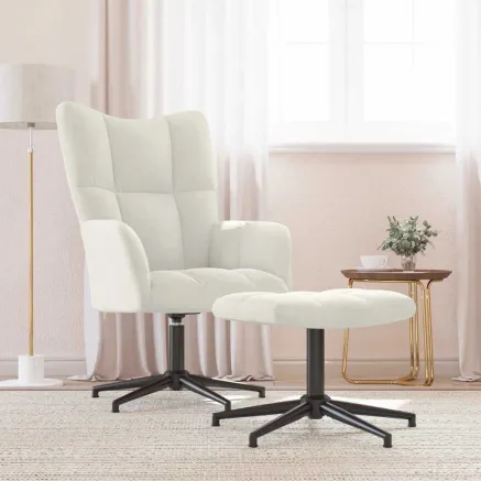 Chaise de relaxation avec tabouret Blanc crème Velours