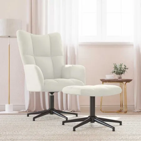Chaise de relaxation avec tabouret Blanc crème Velours