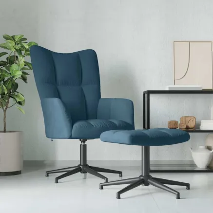 Chaise de relaxation avec tabouret Bleu Velours