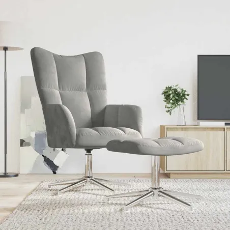 Chaise de relaxation avec tabouret Gris clair Velours