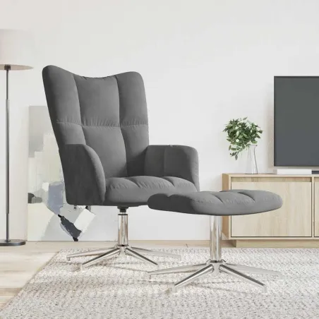 Chaise de relaxation avec tabouret Gris foncé Velours