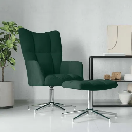 Chaise de relaxation avec tabouret Vert foncé Velours