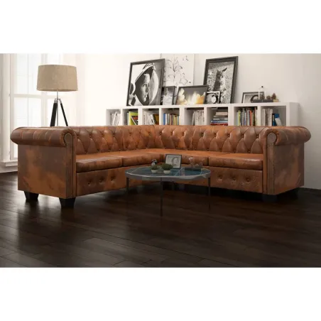 Canapé d'angle Chesterfield 5 plcs Cuir artificiel Marron