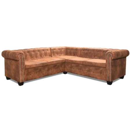 Canapé d'angle Chesterfield 5 plcs Cuir artificiel Marron
