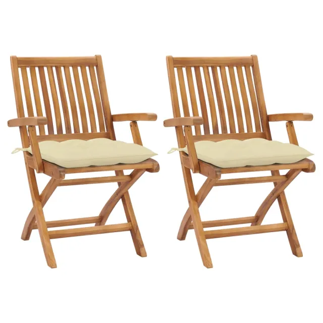 Chaises de jardin lot de 2 et coussins blanc crème Teck massif