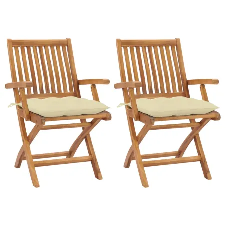 Chaises de jardin lot de 2 et coussins blanc crème Teck massif