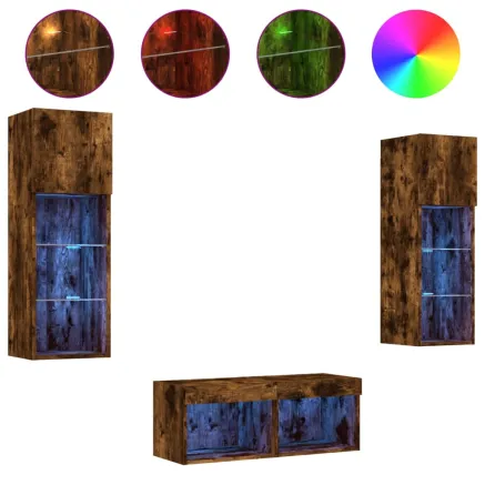 Meuble TV muraux 4 pcs avec lumières LED chêne fumé 2