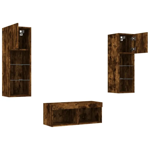 Meuble TV muraux 4 pcs avec lumières LED chêne fumé