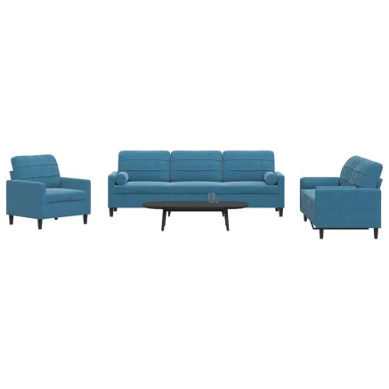 Ensemble de canapés 3pcs et coussins et traversins bleu velours
