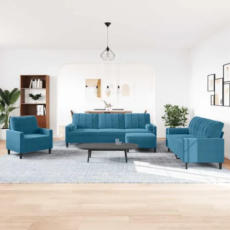 Ensemble de canapés 4pcs et coussins et traversins bleu velours