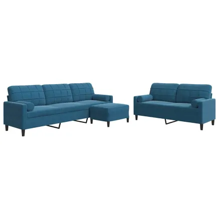 Ensemble de canapés 3pcs et coussins et traversins bleu velours 2