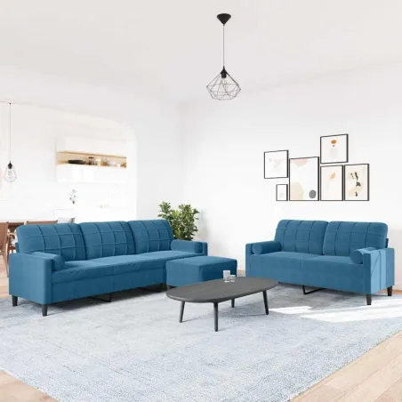 Ensemble de canapés 3pcs et coussins et traversins bleu velours
