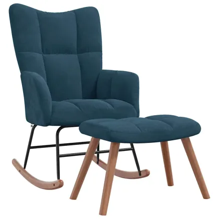Chaise à bascule avec tabouret en velours bleu 2
