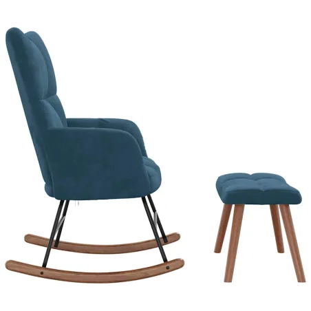 Chaise à bascule avec tabouret en velours bleu
