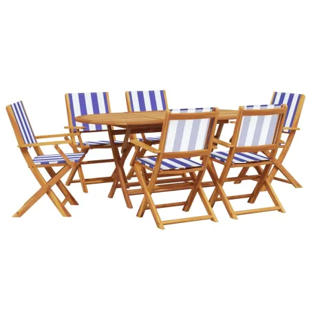 Ensemble à manger de jardin 7 pcs bleu blanc tissu bois massif