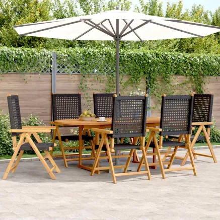 Ensemble à manger de jardin 7 pcs noir rotin et bois massif