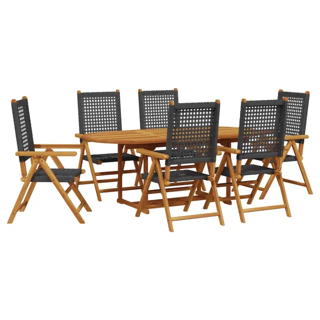 Ensemble à manger de jardin 7 pcs noir rotin et bois massif